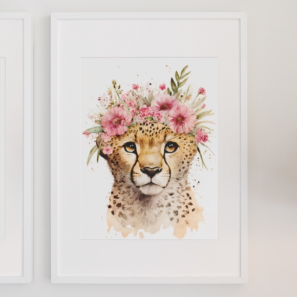 Cute Floral Cheetah Watercolor Wall Art Illustration Print Poster Card Unframed - Picture 8 of 8